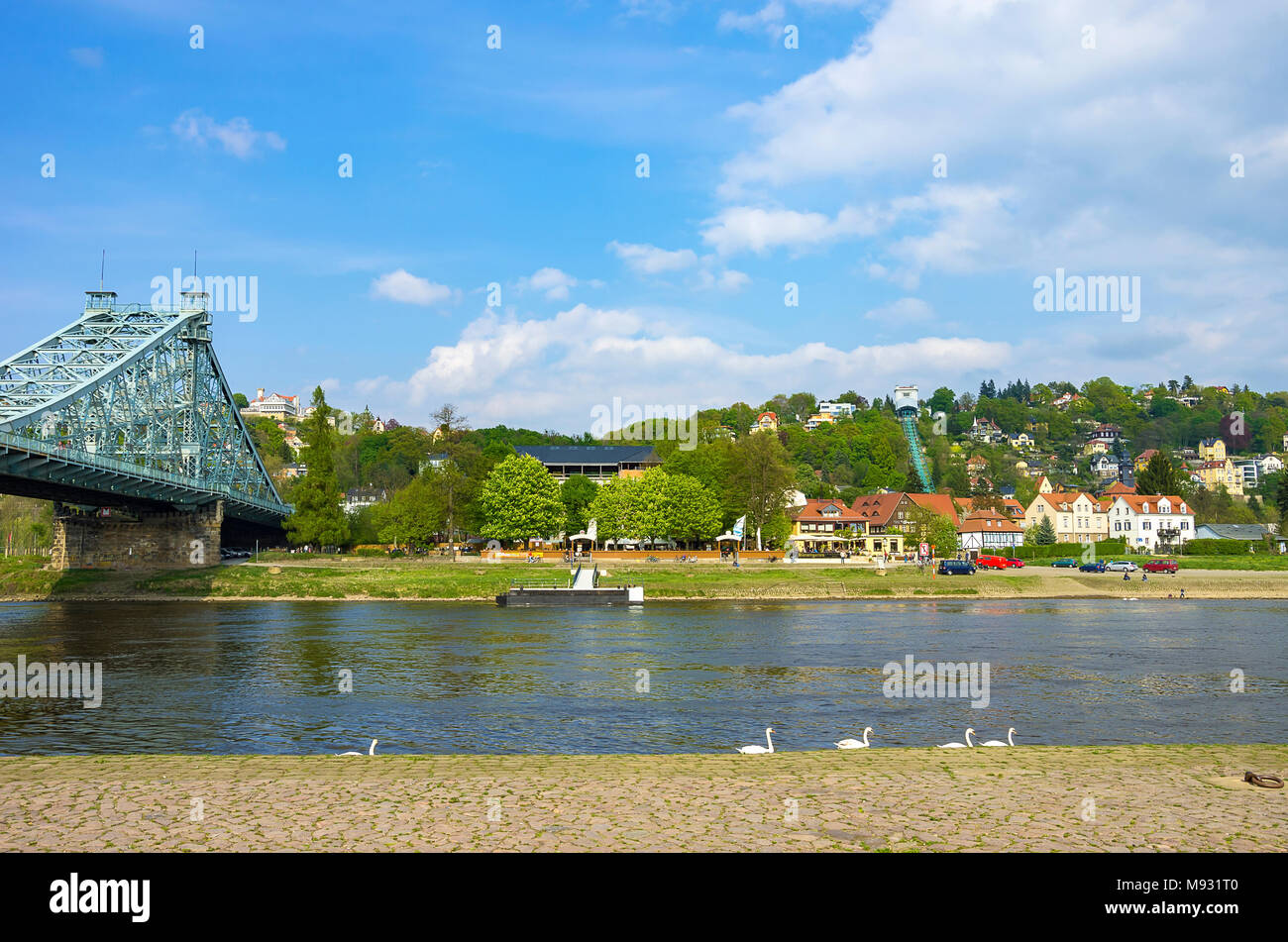 Blick über die Elbe auf Blaues Wunder Loschwitzer Brücke, Körner Garten und Schwebebahn. Stockfoto