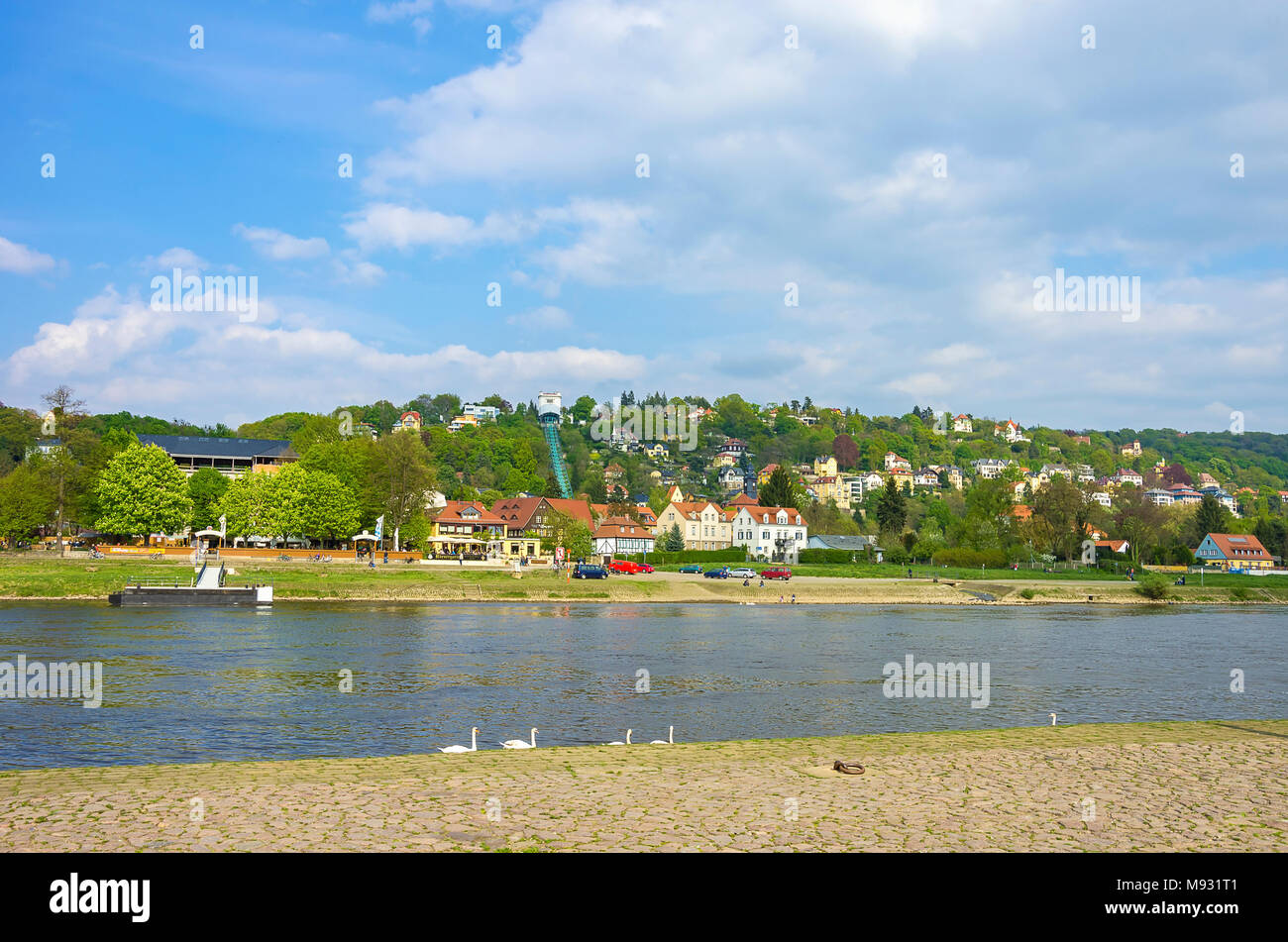 Blick über die Elbe auf die loschwitzer Körnergarten und Schwebebahn. Stockfoto
