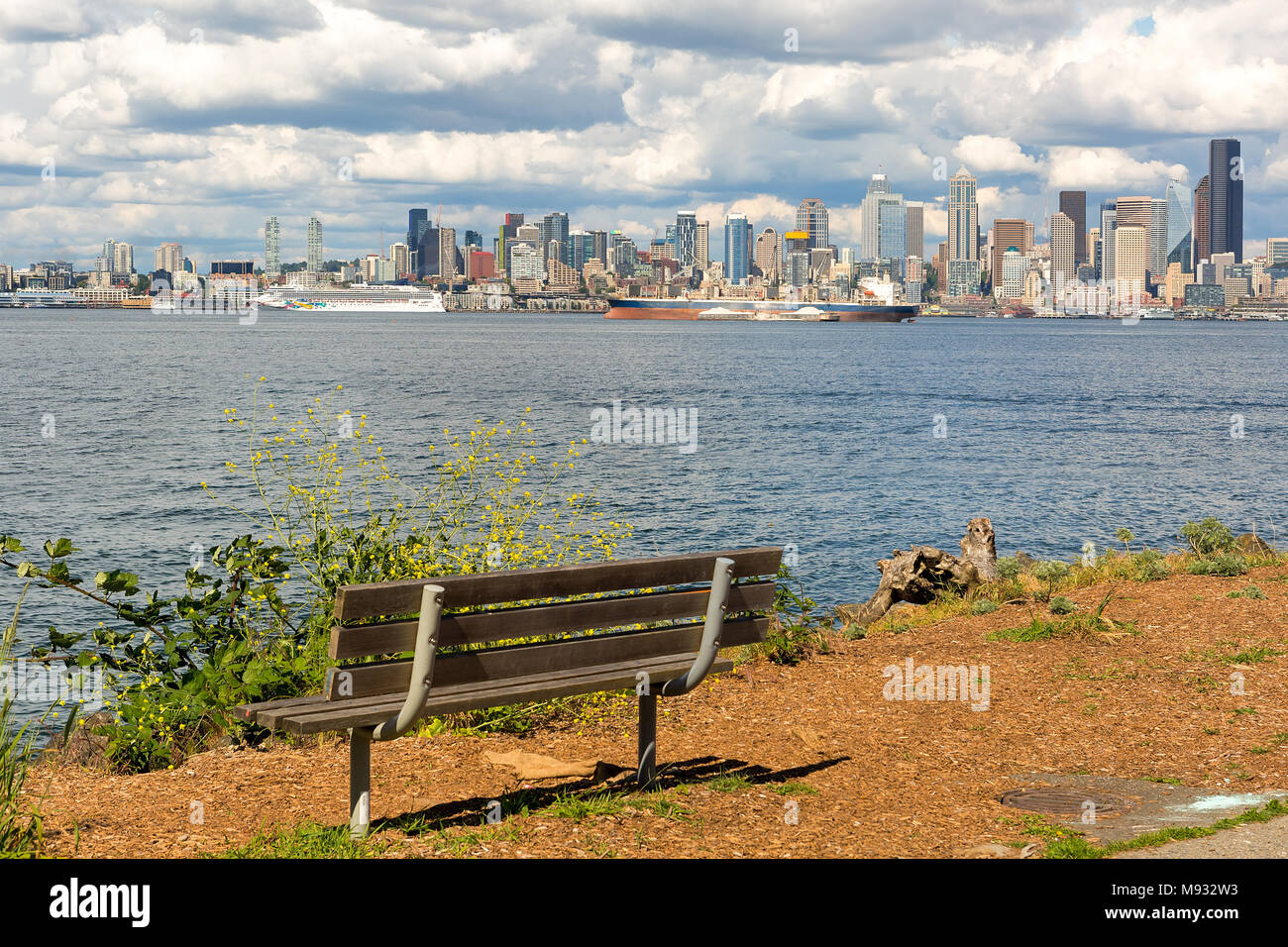 Blick auf Seattle Washington Skyline der Stadt entlang der Elliott Bay von holzbank in Alki Beach Stockfoto