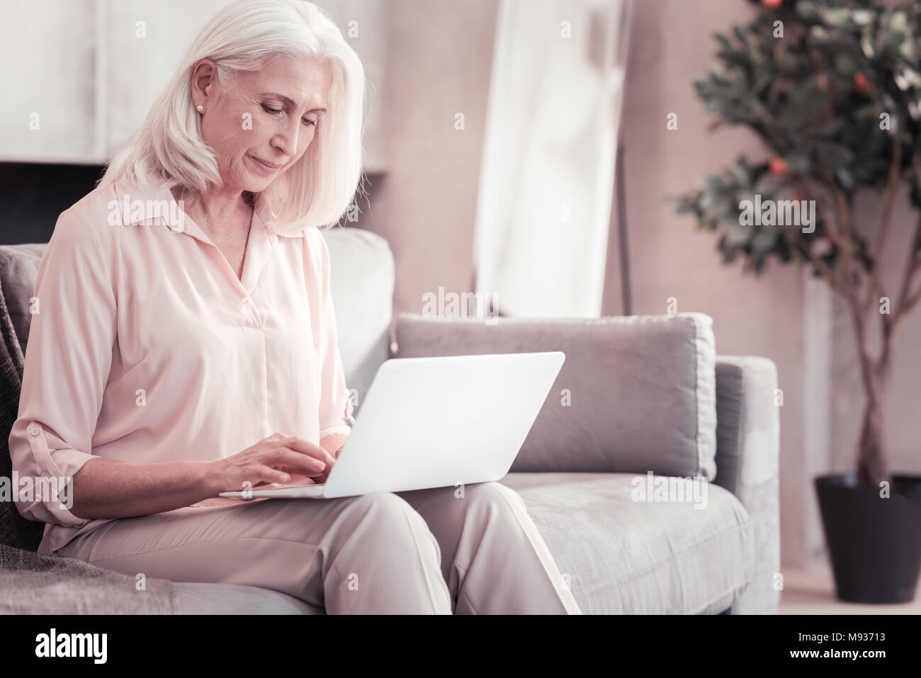 Beschäftigte im Alter von Frau sitzt und mit Laptop. Stockfoto