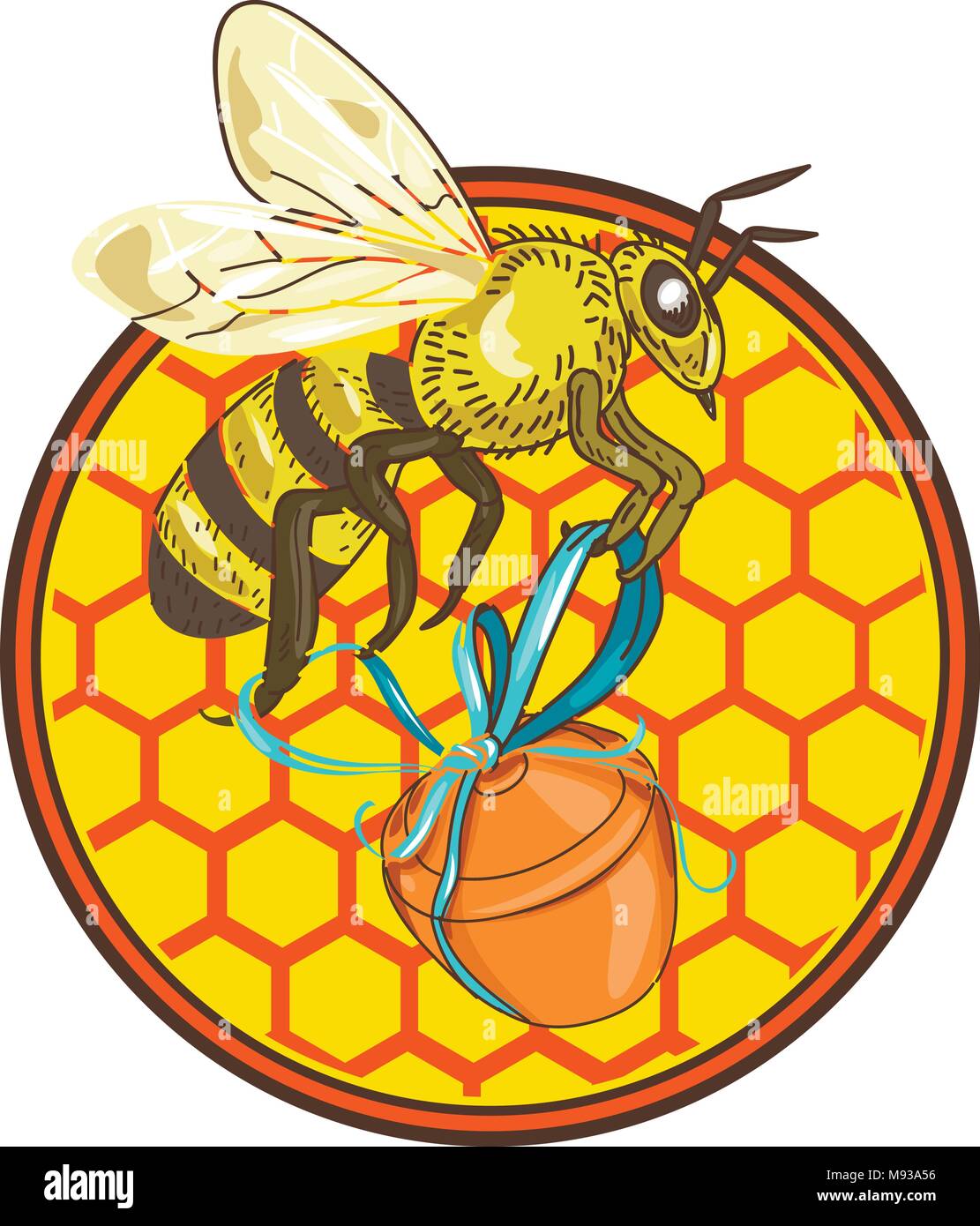 Symbol Retro Stil Abbildung einer Hummel oder Bumble Bee, Mitglied der Gattung Bombus, Teil der Familie der Apidae Biene, Honig Topf mit beehive und Stock Vektor