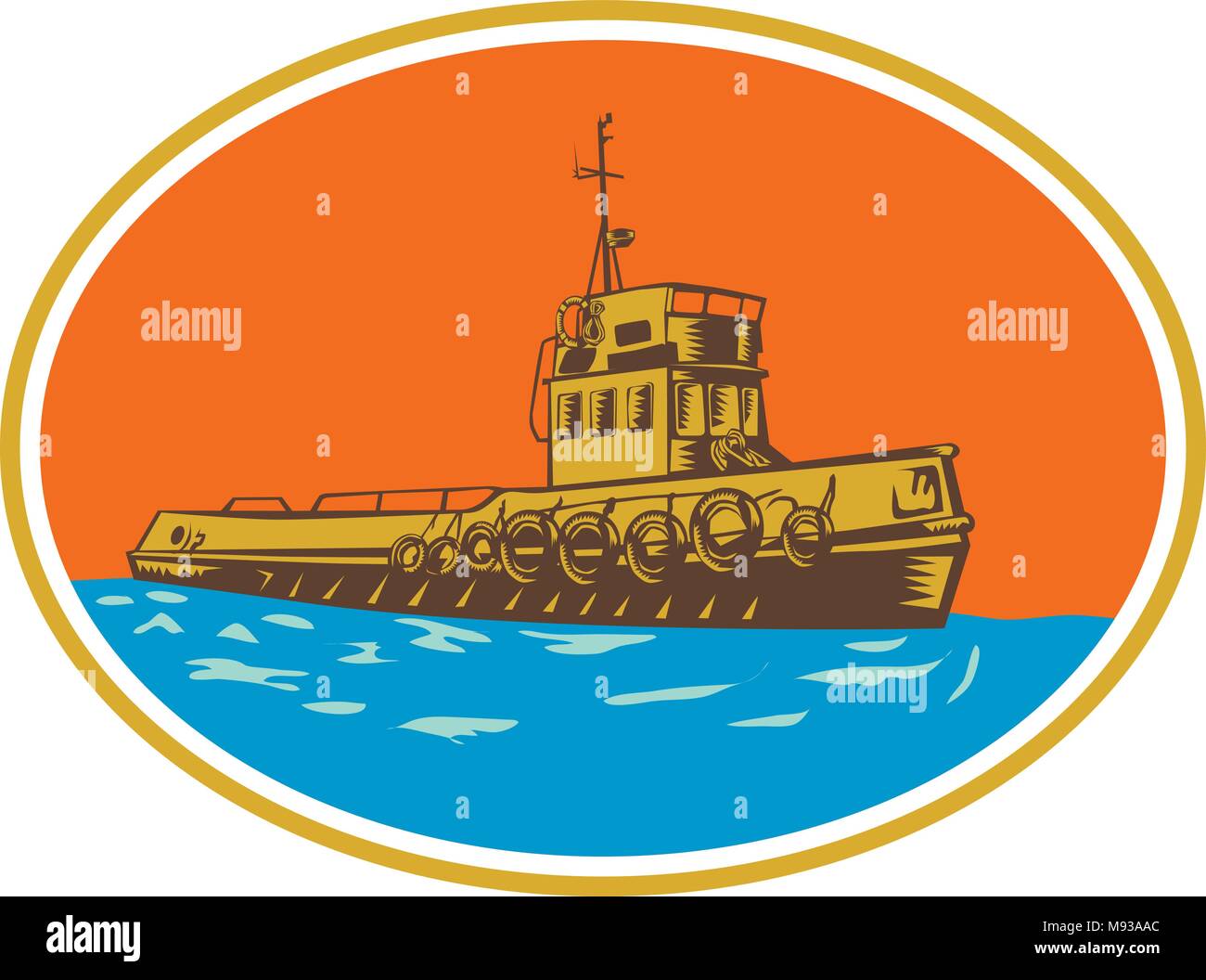 Retro Holzschnitt stil Abbildung: Schlepper, tugboat oder speyrer, eine Art marine Schiff, das Manöver andere Schiff oder Boot, indem Sie ziehen durch direkte co Stock Vektor