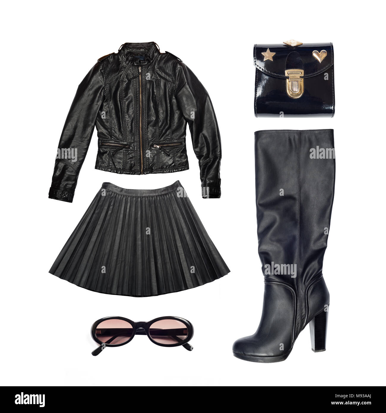 Leder Outfit von Kleidung und Frau Zubehör Stockfoto