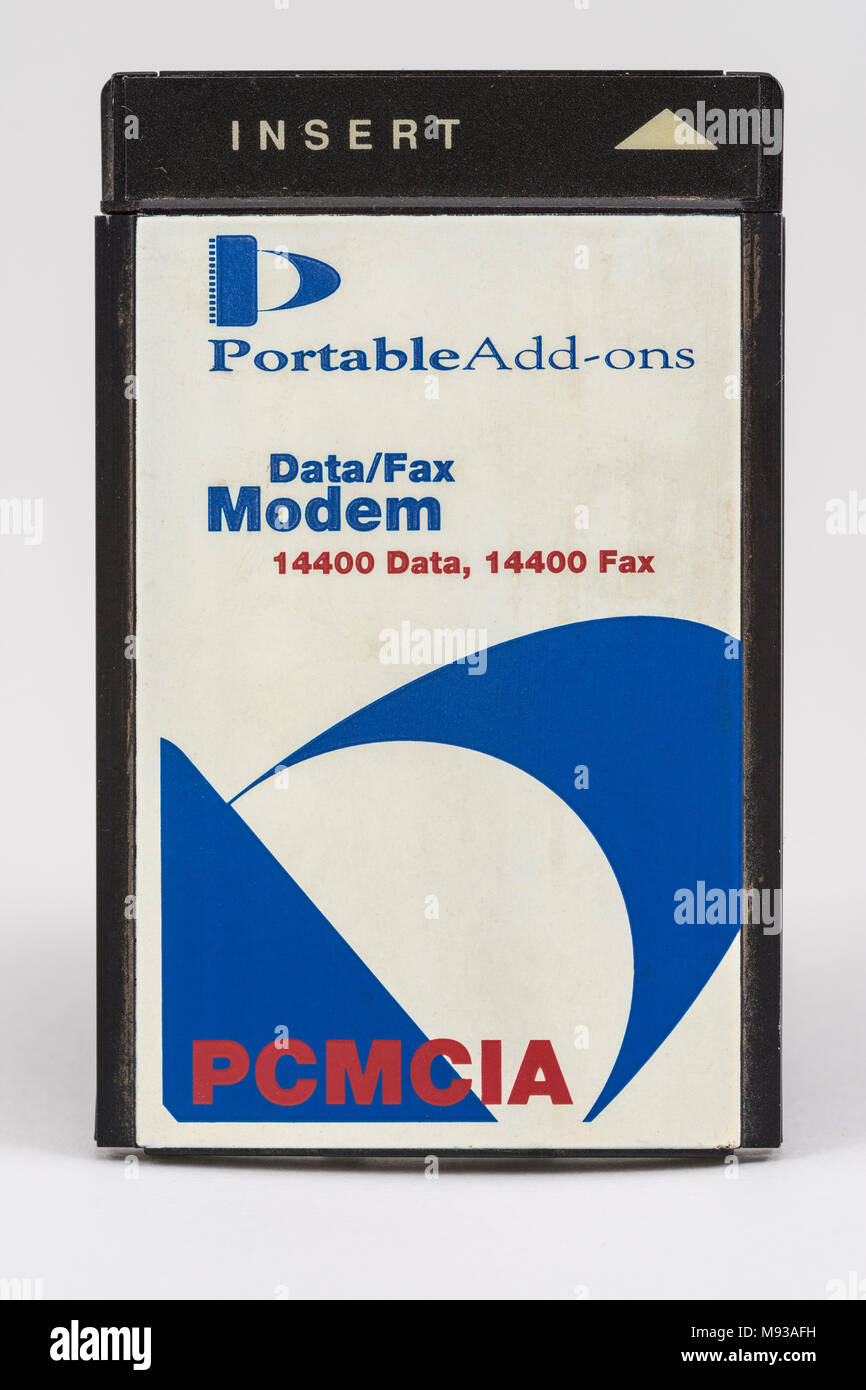 Fax Modem PCMCIA-Steckkarte für den Laptop. Stockfoto