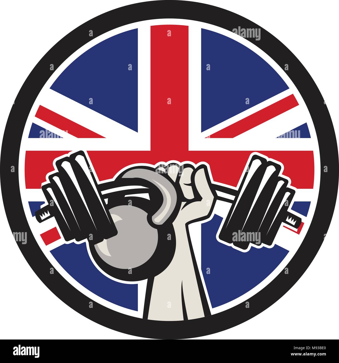 Symbol Retro Stil Abbildung: eine britische Hand anheben einer Langhantel und kettlebell mit Vereinigtes Königreich Großbritannien, Großbritannien Union Jack Flagge im inneren Kreis gesetzt Stock Vektor