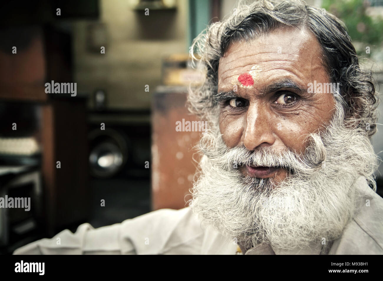 Portrait von indischen Mann mit einem klassischen Lenker Schnurrbart und Bart mit roten Tikka Punkt auf der Stirn. Etwas stereotype Indischen Charakter Stockfoto
