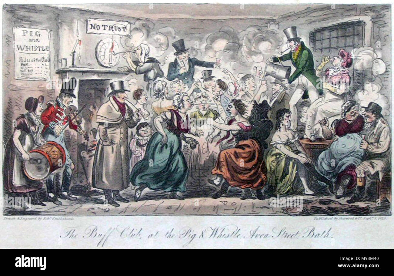 Der BUFF CLUB in der Schweine- und Pfeifen, Avon Street, Bath. Ein 1825 Aquatinta von Isaac Cruikshank von Blackmantle der Englische Spion Stockfoto
