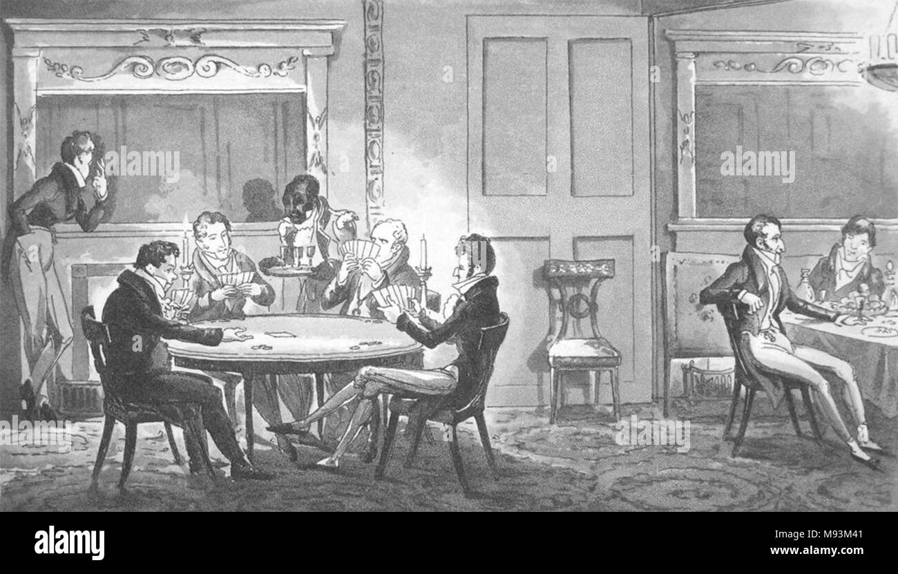 Herren SPIELKARTEN Gravur von Isaac Cruikshank von Blackmantle der Englische Spion im Jahr 1824 veröffentlicht. Stockfoto