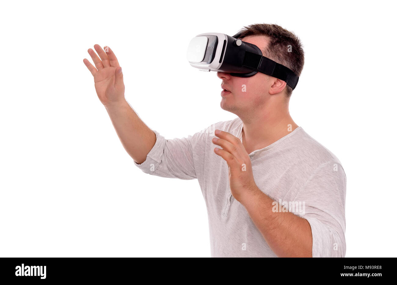 Mann in Gläser oder Helm der virtuellen Realität auf einem weißen. Stockfoto