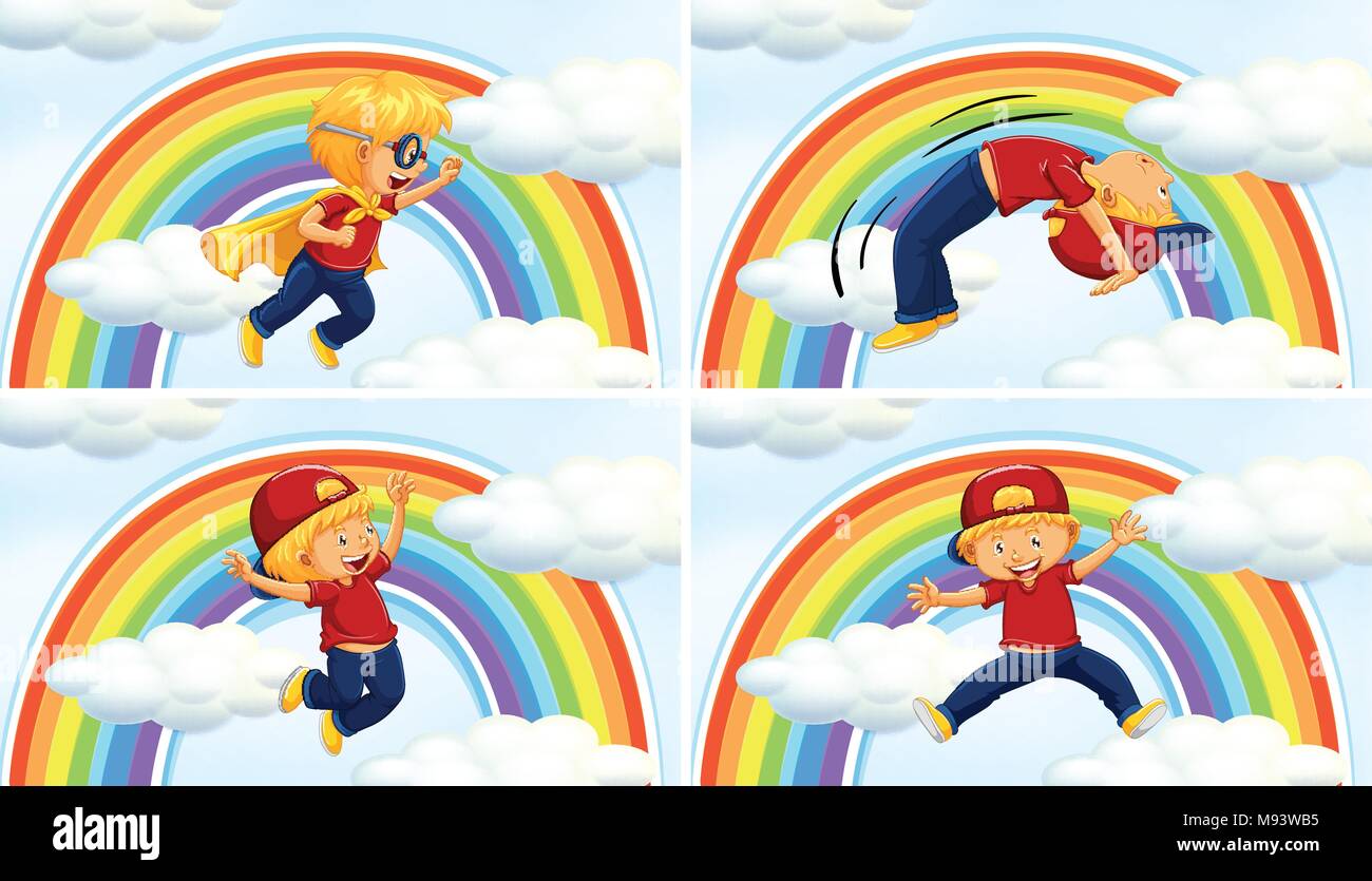 Jungs in verschiedenen acions auf Regenbogen hintergrund abbildung Stock Vektor