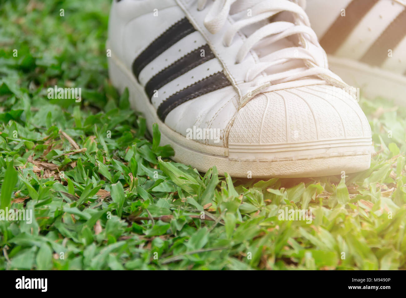 Weiße Schuhe auf dem grünen Rasen in öffentlichen Park mit Urlaub Tag. Stockfoto