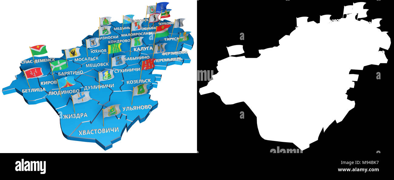 Isometrische Karte der Region Kaluga mit Fahnen von regionalen Zentren. 3D-isometrische Form der Region Kaluga. 3D-Darstellung. Stockfoto