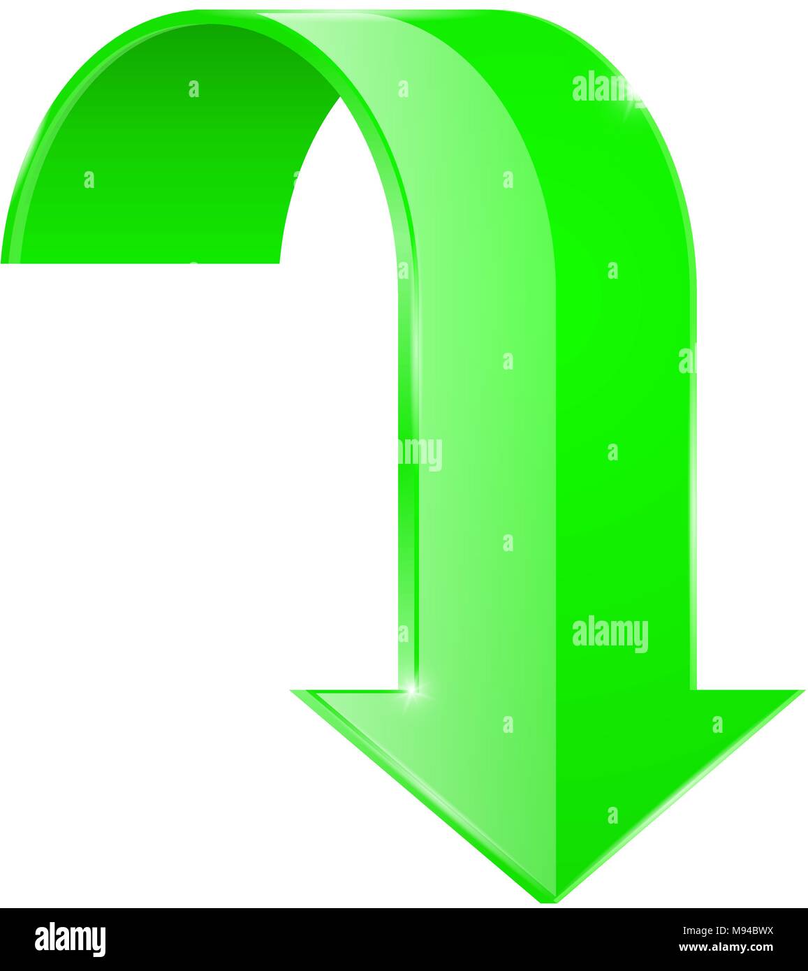 Grüne gebogenen Pfeil nach unten. 3d-Symbol Stock Vektor