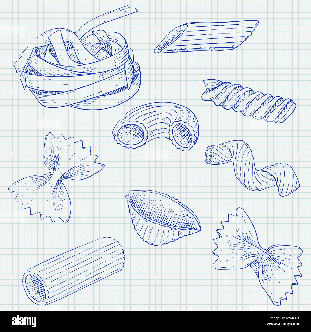 Pasta mischen. Hand gezeichnete Skizze. Einzelne Stücke verstreut Stock Vektor