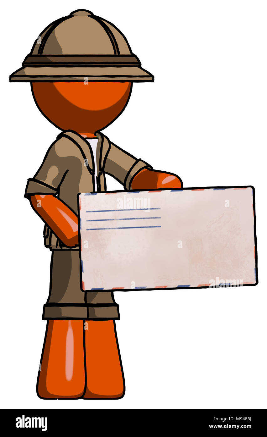 Orange explorer Ranger Mann mit großen Umschlag. Stockfoto