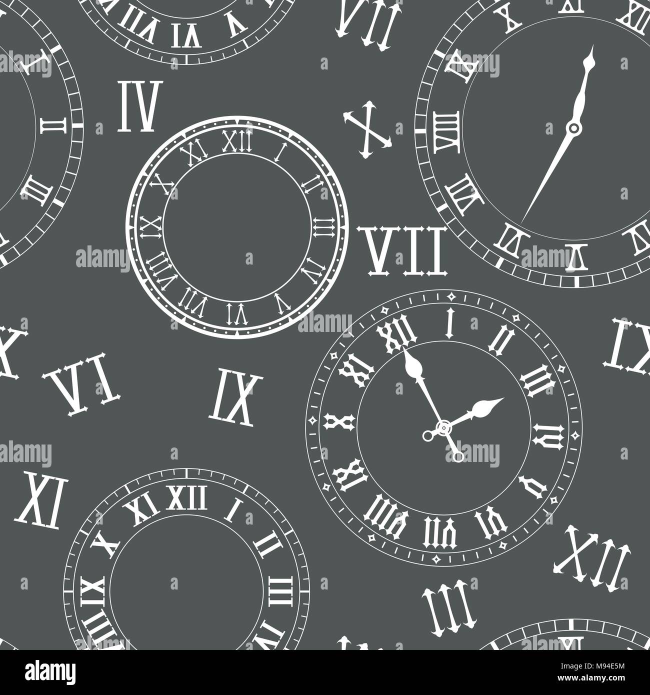 Zeit nahtlose Muster. Uhren, Uhr Gesichter, römische Ziffern Stock Vektor