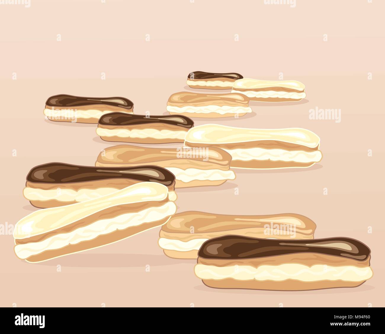 Ein Vektor Abbildung im EPS-Format von leckeren Chocolate eclairs mit dunklen Milch und weiße frostings auf einem Karamell Hintergrund Stock Vektor