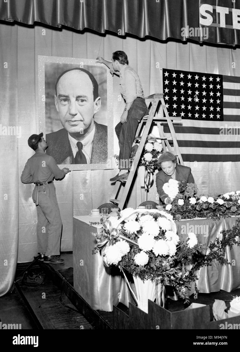Eine Kampagne, die Lage ist vorbereitet für eine Rallye durch die demokratischen Präsidentschaftskandidaten Adlai Stevenson in Kansas City, Missouri im Jahr 1952. Stockfoto