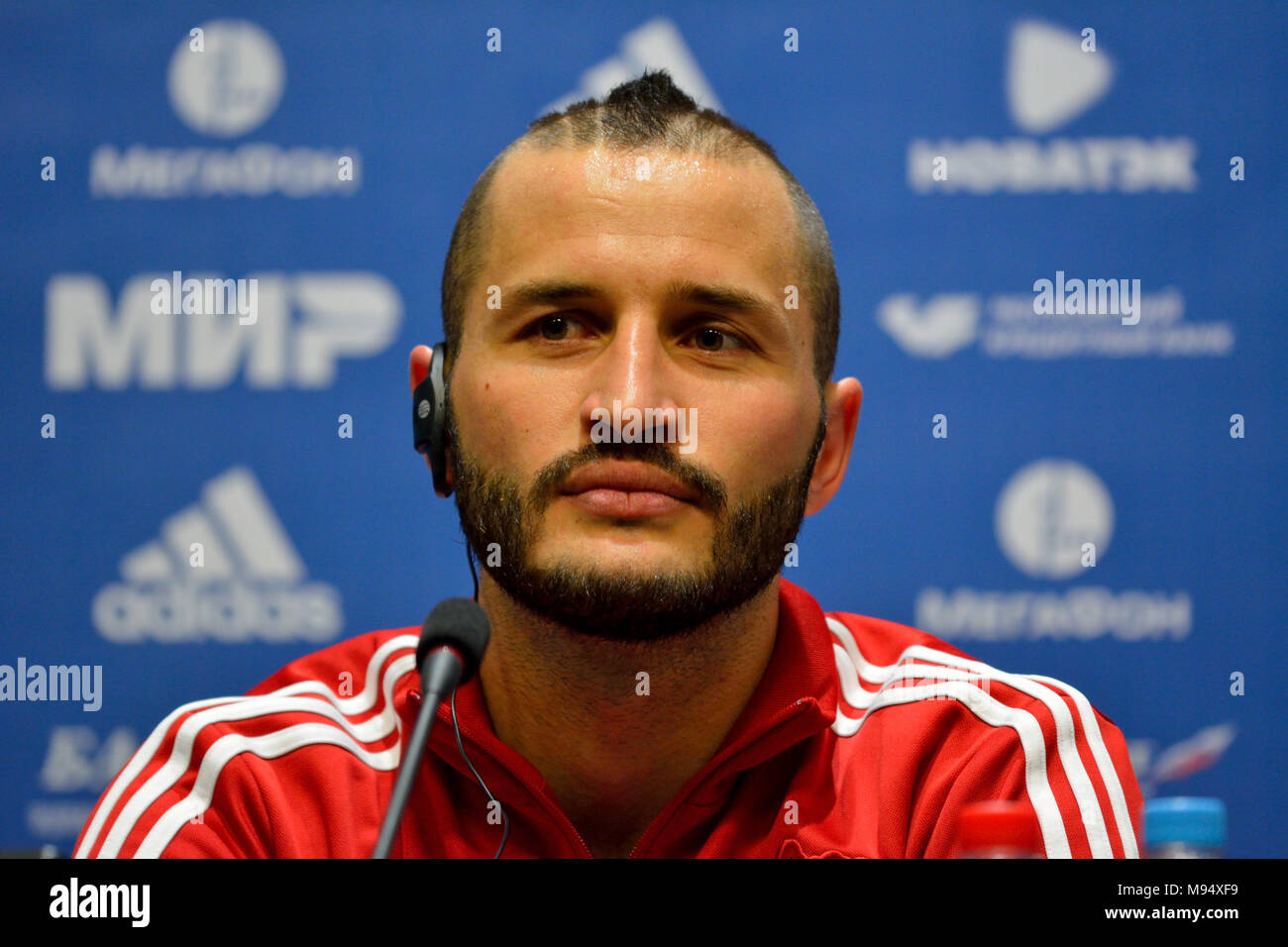 Moskau, Russland. 22nd März 2018. Der russische Fußballnationalverteidiger Fedor Kudryashov bei einer Pressekonferenz vor dem internationalen Testspiel gegen Brasilien im Luschniki-Stadion in Moskau. Stockfoto