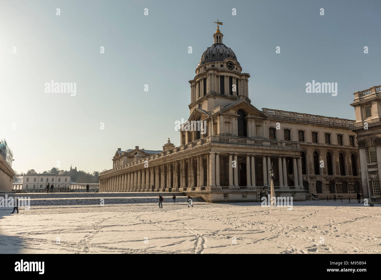 Royal Naval College Greenwich London im Schnee Stockfoto