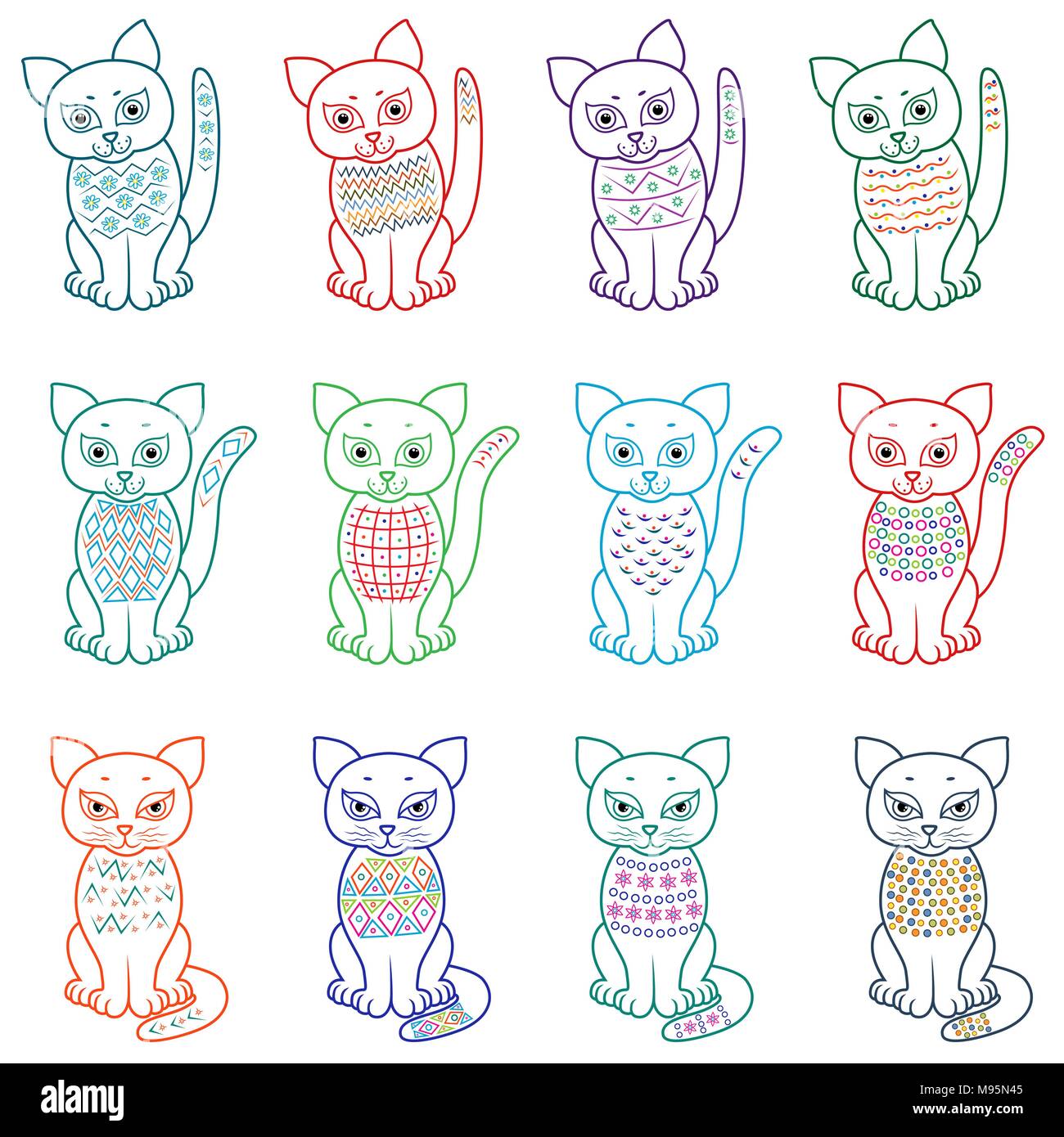 Set von 12 lustigen Cartoon Katzen mit verschiedenen dekorativen Gestaltungselementen, Vektor, Abbildung Stock Vektor
