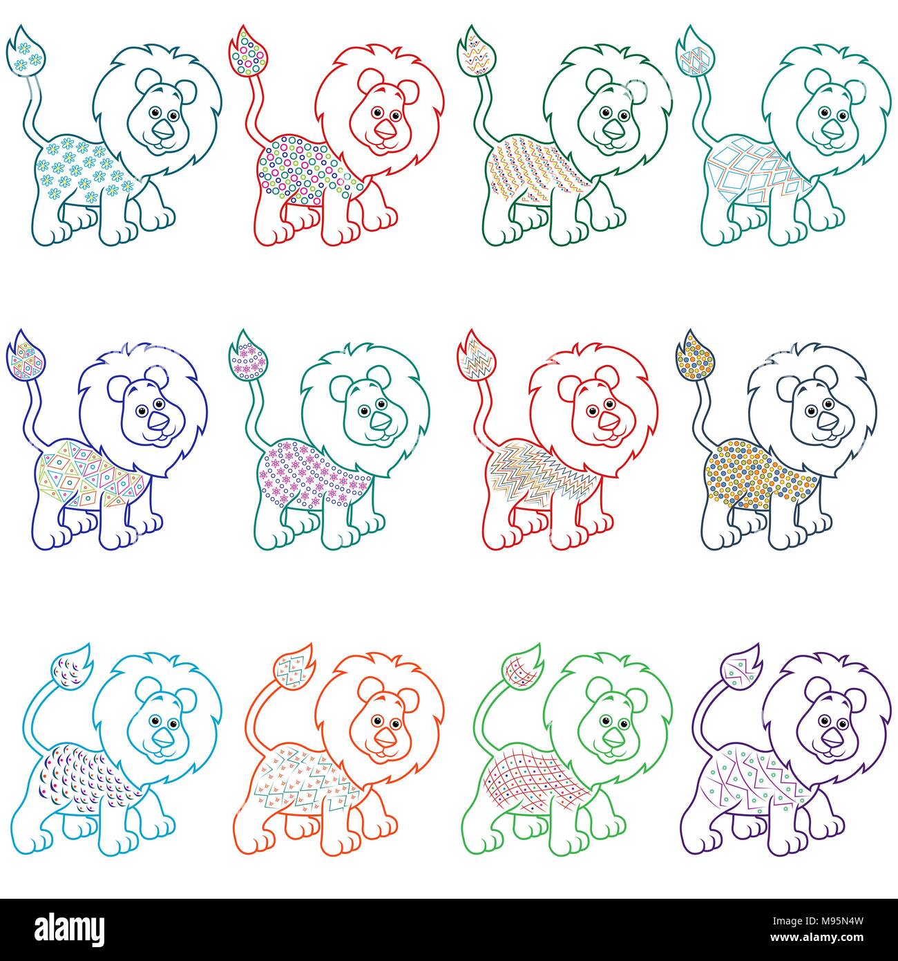 Set von 12 lustigen Cartoon Löwen mit verschiedenen dekorativen Gestaltungselementen, Vektor, Abbildung Stock Vektor