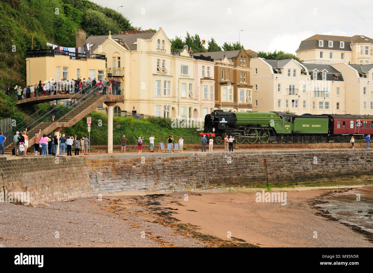 Der Torbay Express, der durch Dawlish fährt, gezogen von der Klasse A1 Pacific No 60163 Tornado, 2.. August 2009. Stockfoto