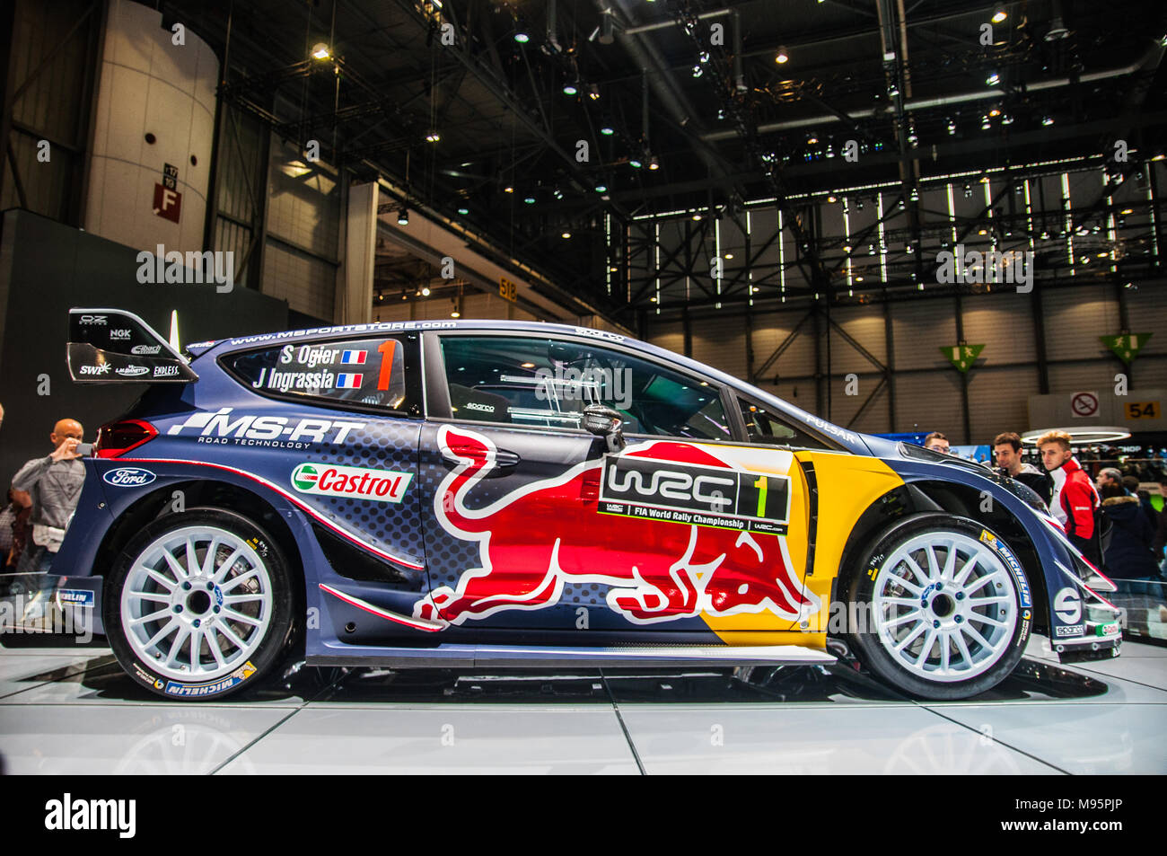 Genf, Schweiz - 17 März 2018: Ford Fiesta WRC OGIER Superfast Sport Auto auf dem 88. Internationalen Automobilsalon in Genf präsentiert Stockfoto