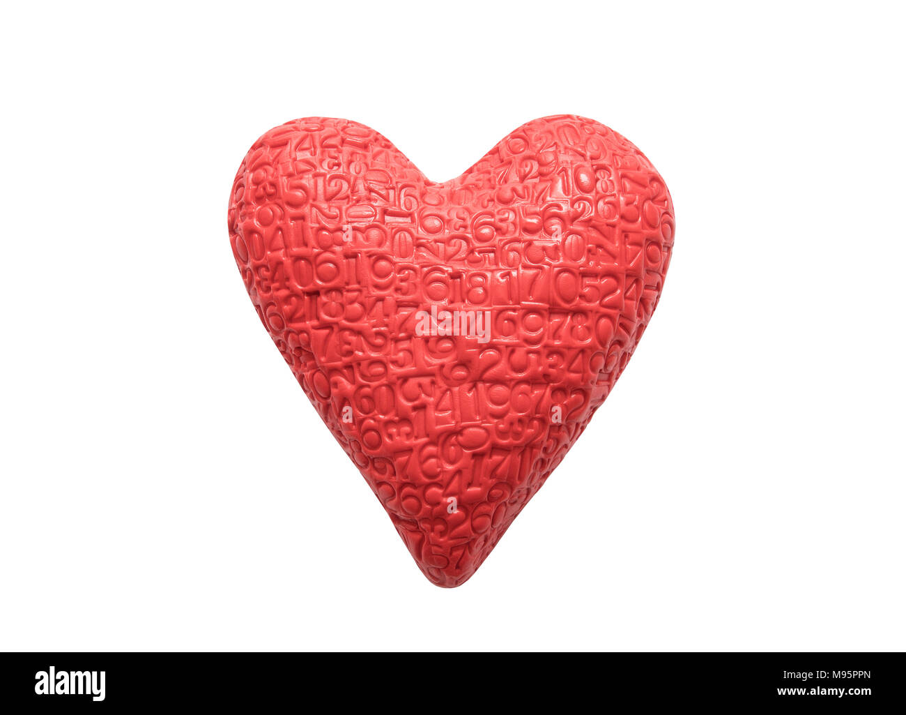 Rotes Herz mit aufgedruckten Ziffern auf weißem Hintergrund Stockfoto