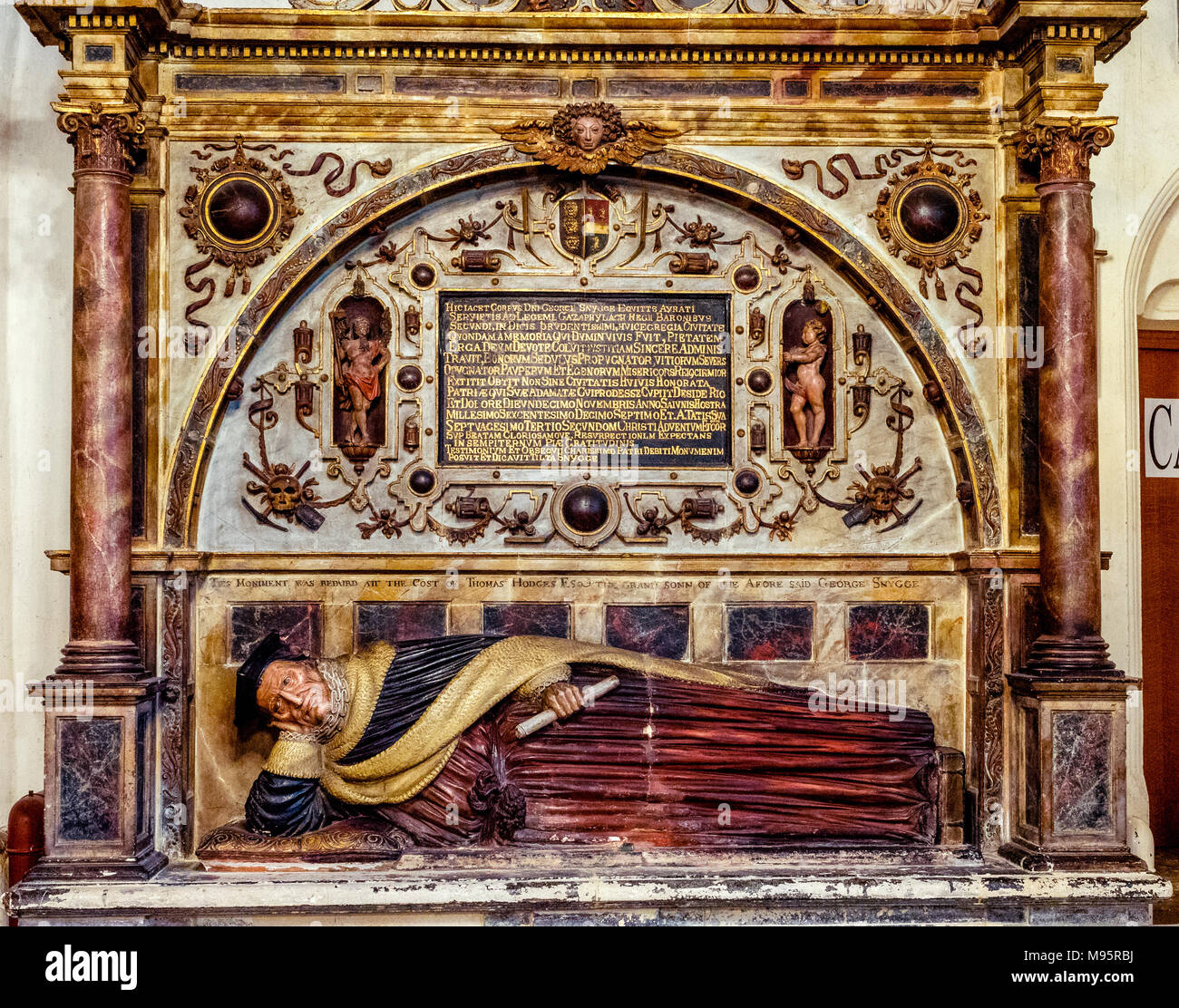 Aufwändige elisabethanischen Bildnis Grab von George Snygge in St Stephens Kirche im Stadtzentrum von Bristol UK Stockfoto