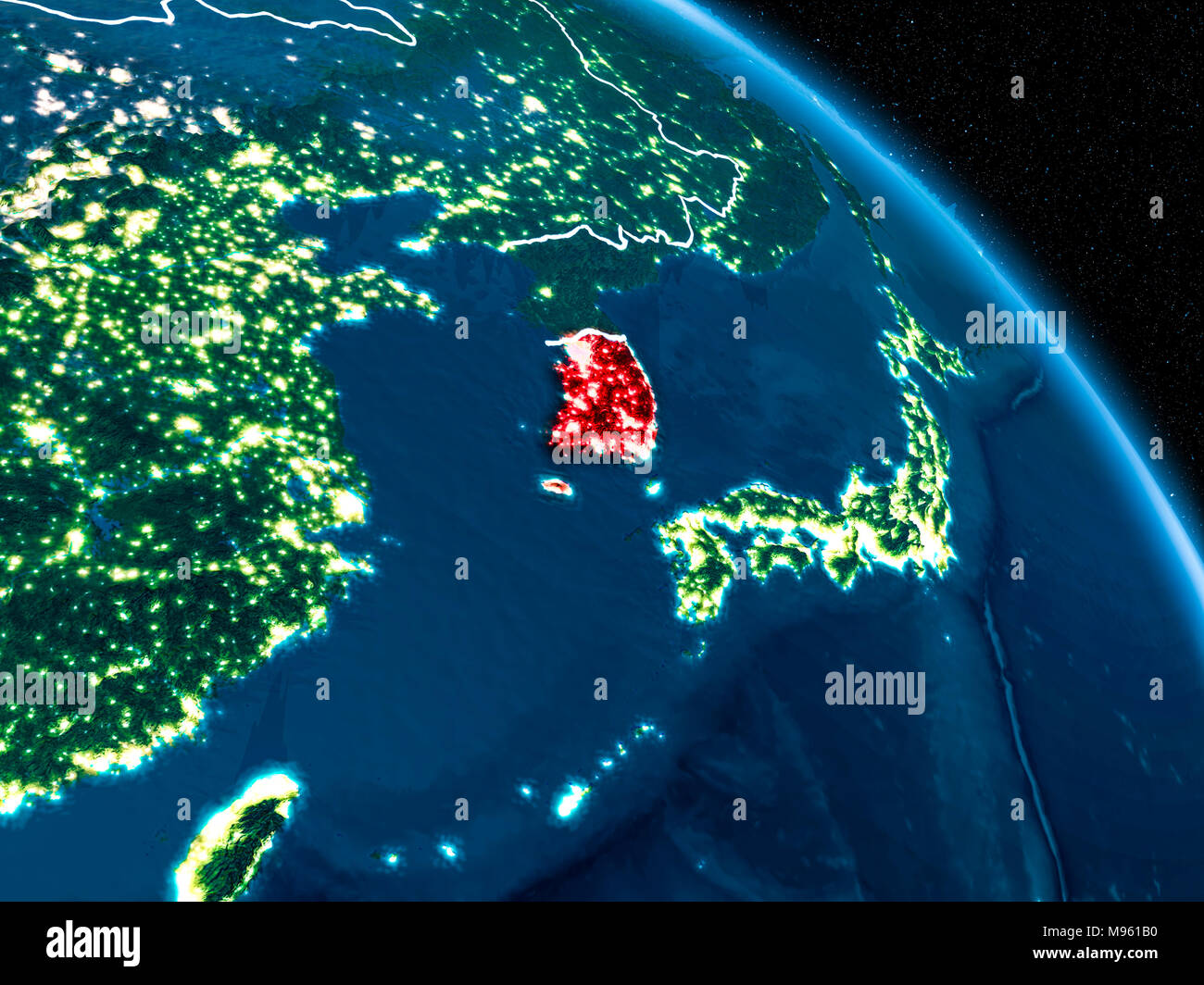 Satellitenansicht von Südkorea in Rot hervorgehoben auf dem Planeten Erde bei Nacht mit Grenzen und die Lichter der Stadt. 3D-Darstellung. Elemente dieses Bild fu Stockfoto