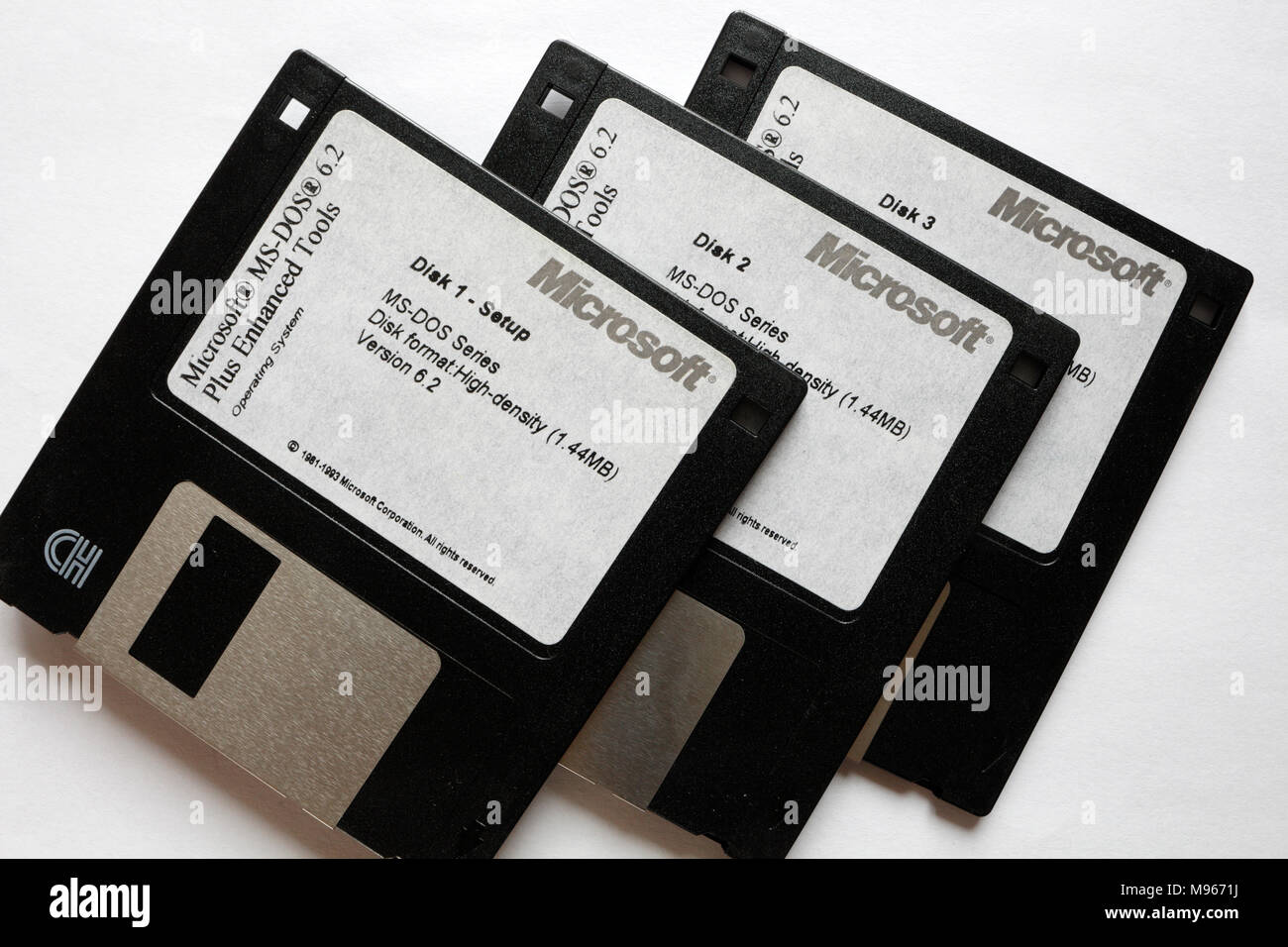 Disketten für die Installation des Microsoft DOS-Betriebssystems, Computersoftware Stockfoto