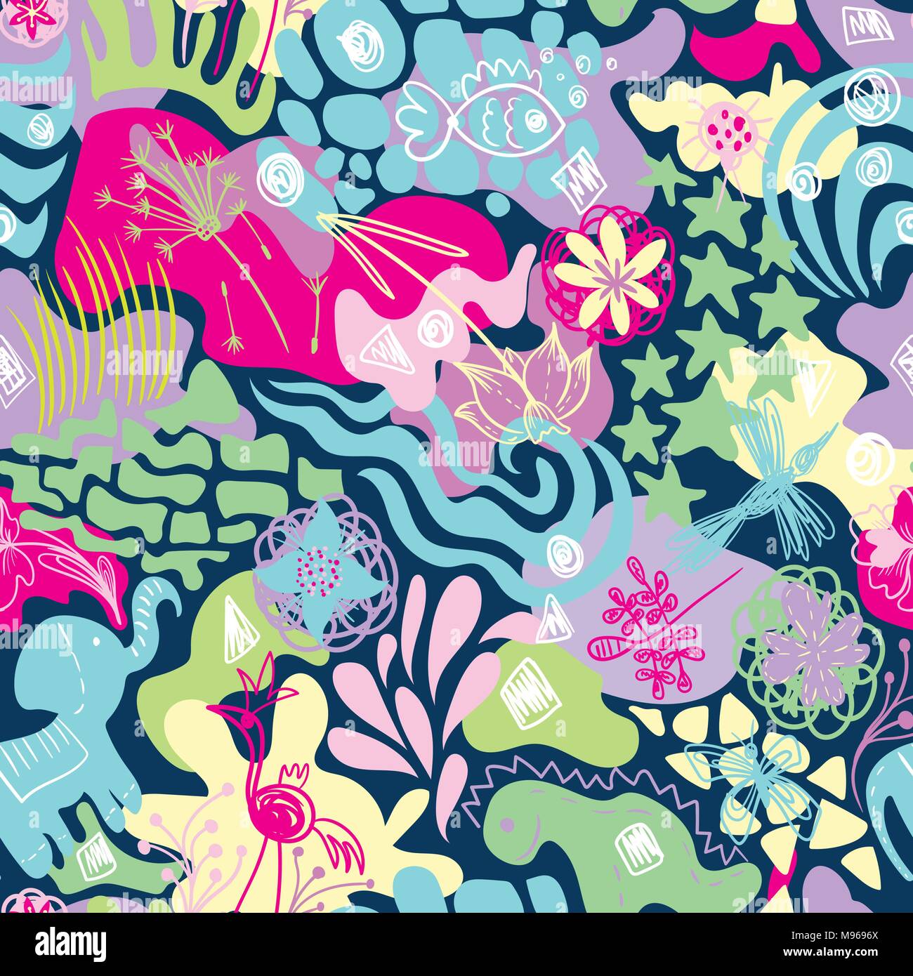Nahtlose Textur mit Tieren, Spritzwasser, floral Skizzen und Meer Ornamente in Pastellfarben auf dunklem Hintergrund Stock Vektor