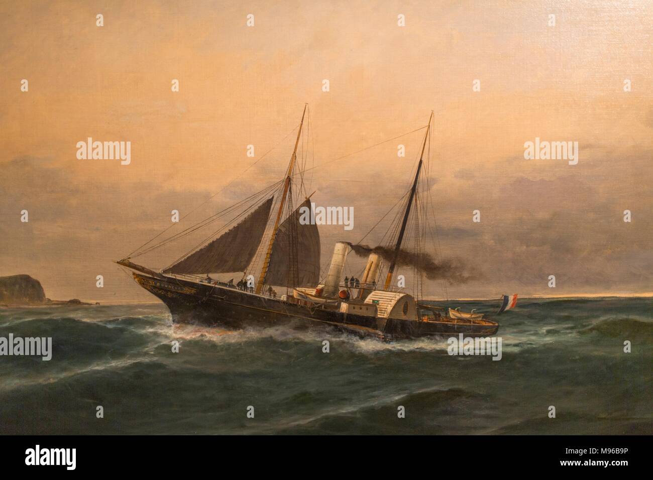 Die Boehner, Steamboat im Meer, Öl auf Leinwand. Gemälde der Sammlung eascapes' von Constantinos Volanakis am Theocharakis Stiftung für die Fin Stockfoto