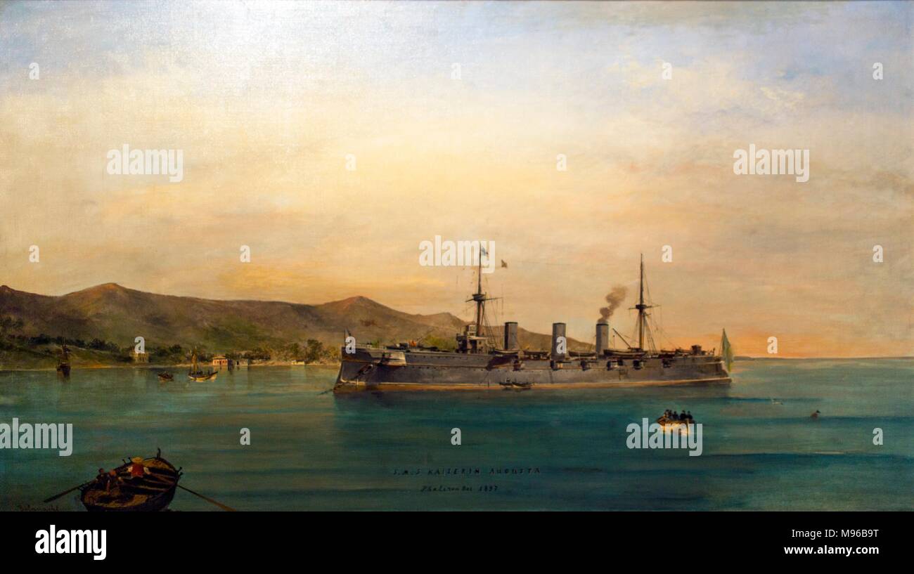 Die S.M.S. Kaiserin Augusta, Steamboat in Faliro, 1897. Öl auf Leinwand. Gemälde der Sammlung eascapes' von Constantinos Volanakis am Theocharakis F Stockfoto