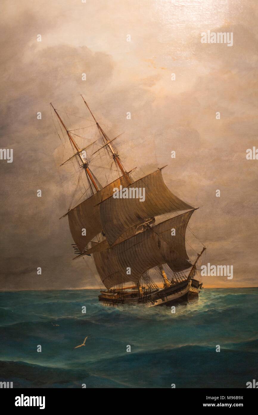 Segelboot in stürmischen Meer, 1890-1895. Öl auf Leinwand. Gemälde der Sammlung eascapes' von Constantinos Volanakis am Theocharakis Stiftung für Stockfoto
