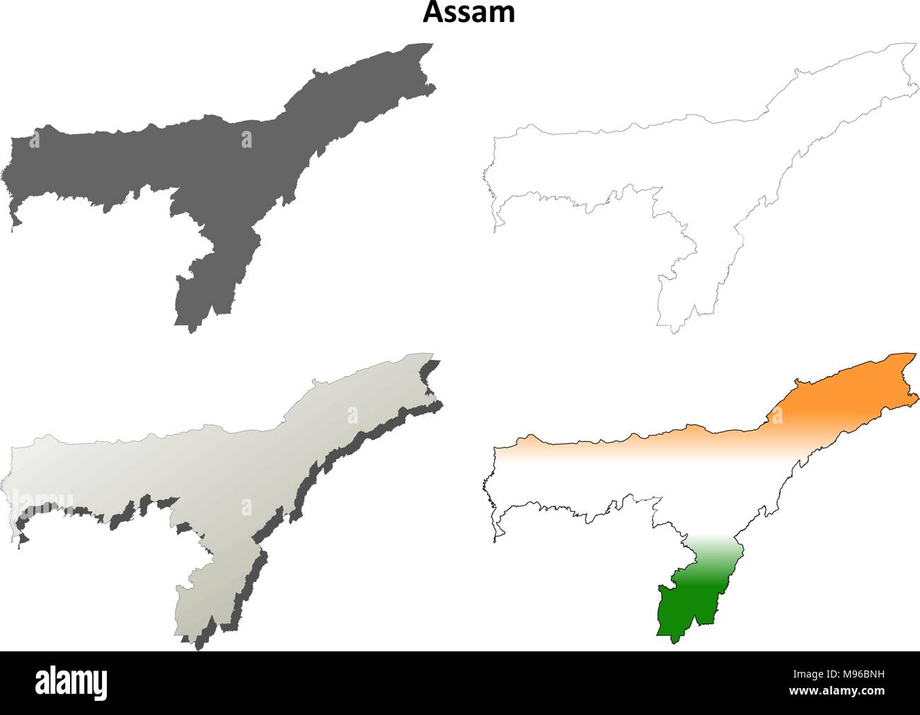 Assam leer detaillierte Gliederung Karte gesetzt Stock Vektor