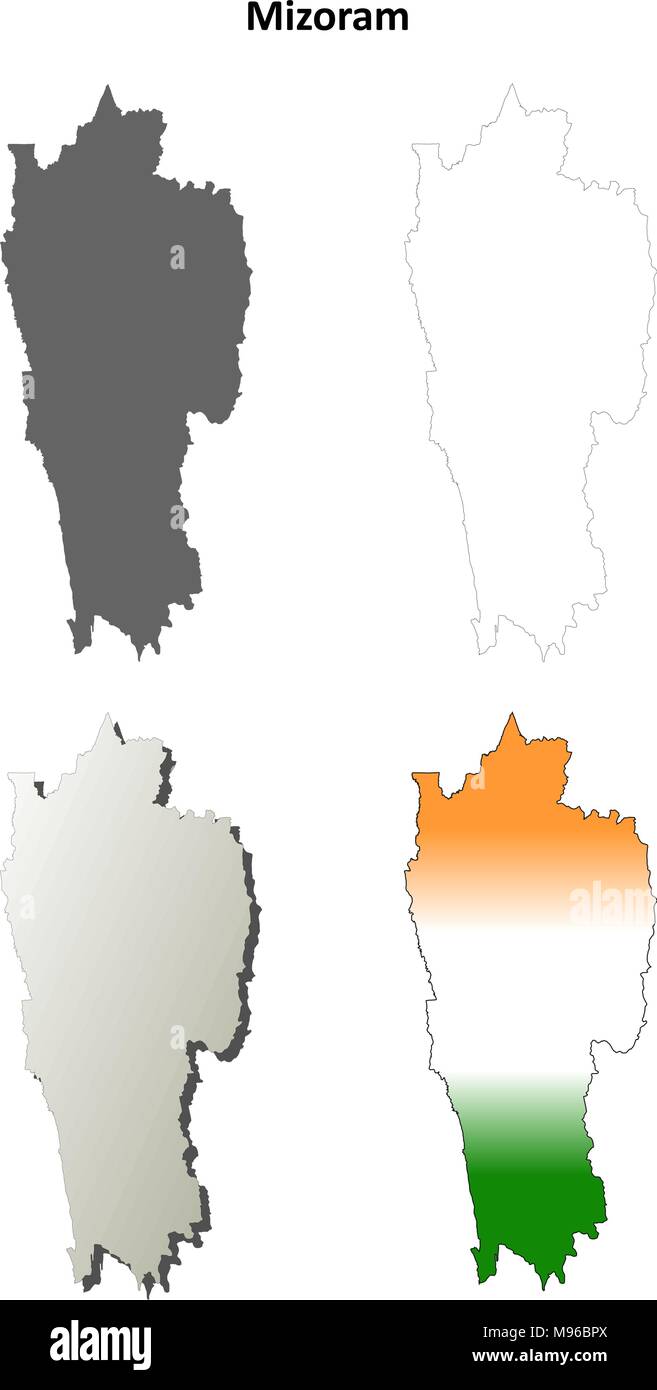 Mizoram leer detaillierte Gliederung Karte gesetzt Stock Vektor