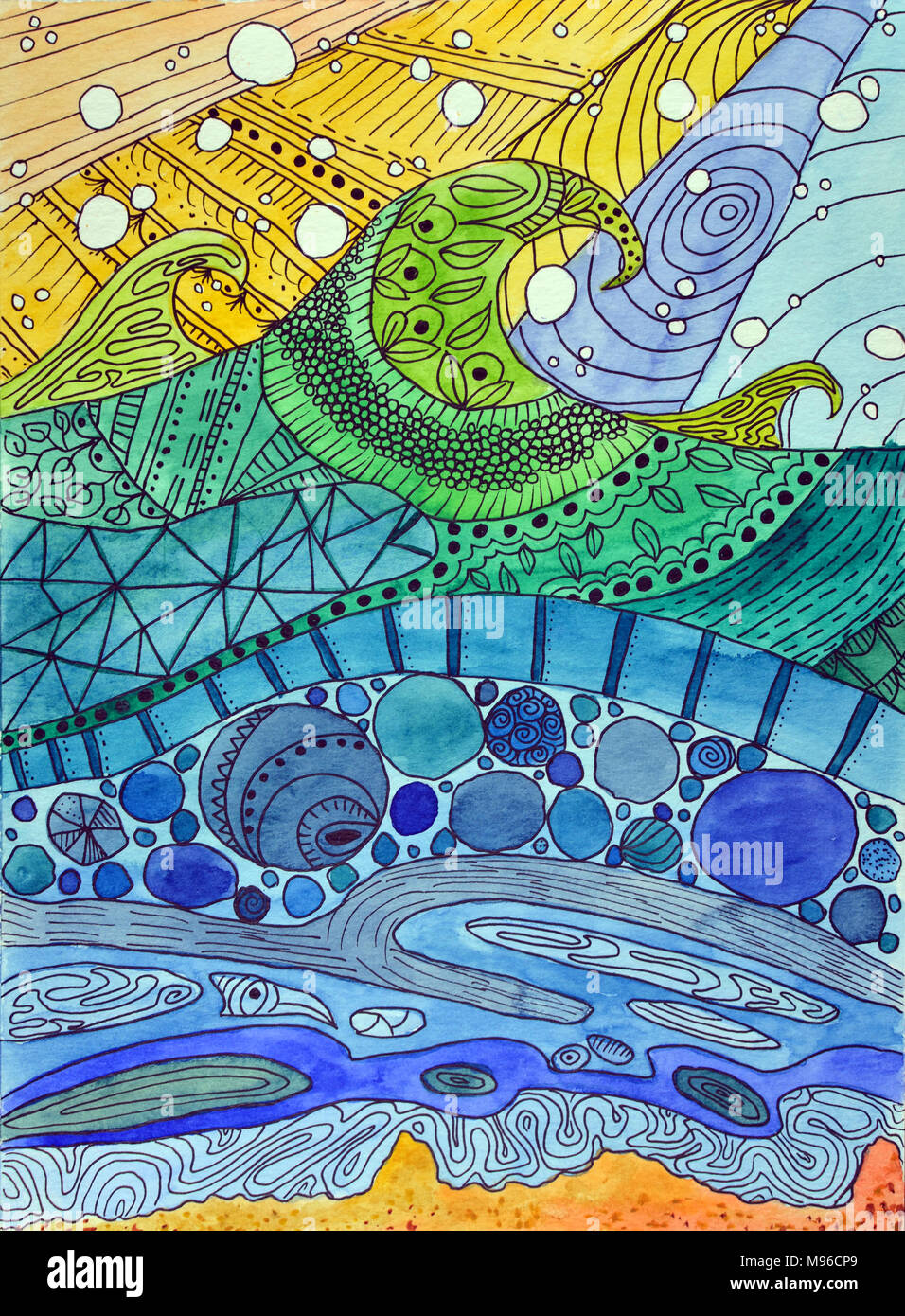 Abstrakte Aquarell Malerei. Jugendstil Glasmalerei Wellen. Expressive wellenförmige Muster. Hintergrund Texturen Shop. Stockfoto