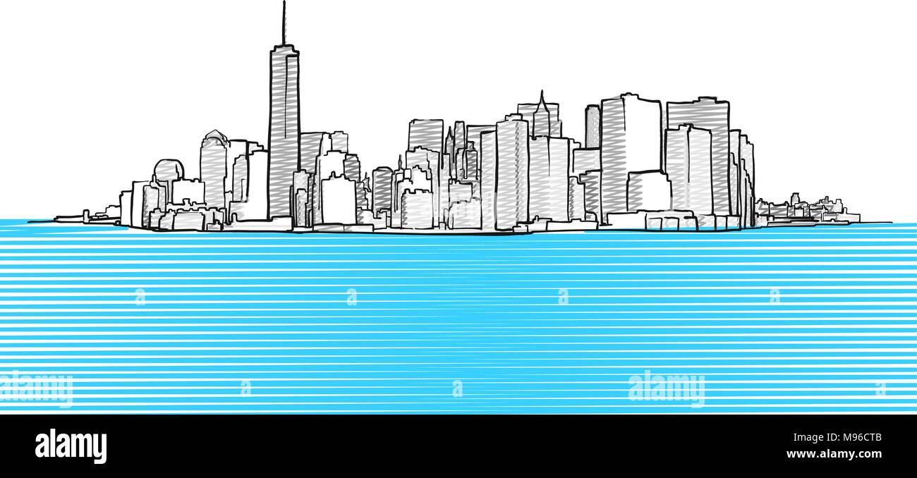 New York City Skyline von New Yersey gesehen. Vektor Kontur Illustration für Marketing Design Stock Vektor