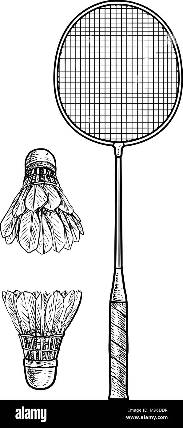 Badminton Schläger und Ball Abbildung, Zeichnung, Gravur, Tinte, Strichzeichnungen, Vektor Stock Vektor