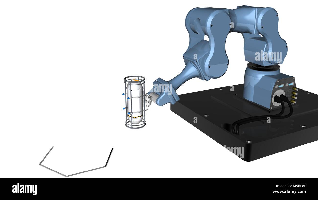 3D-Modell von Blue robot mechanischer Arm mit Schelle Werkzeug am Ende der Arm hält eine reflektierende weiße Metall Container tank transportieren Stockfoto