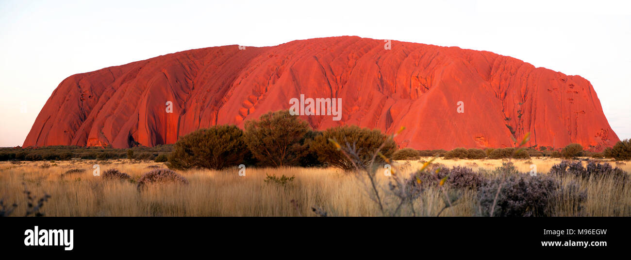 Panoramablick in der Nähe des Sonnenuntergangs, Blick auf den Uluru, aus dem Inneren des Uluru-Kata tjuta National Park, Northern Territory, Australien Stockfoto