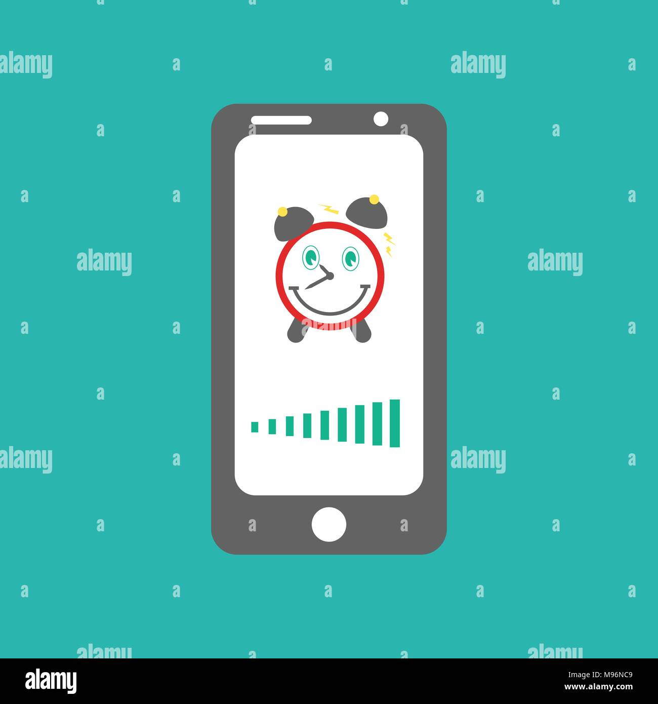 Smart phone Wecker. Lächelnd auf mobilen Bildschirm mit Ton Verordnung Linien. Stock Vektor