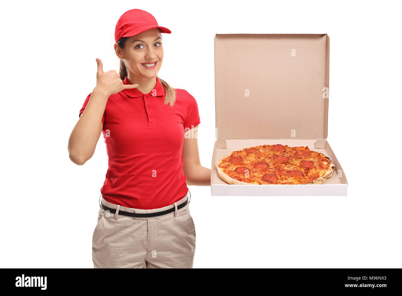 Pizza Delivery Mädchen anrufen mich Geste auf weißem Hintergrund Stockfoto