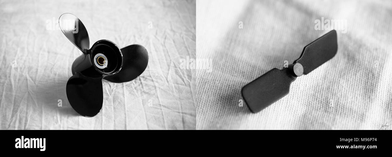 Vergleich der Propeller eines Bootes und eines RC-Hubschraubers auf natürlichem weißem Hintergrund Stockfoto