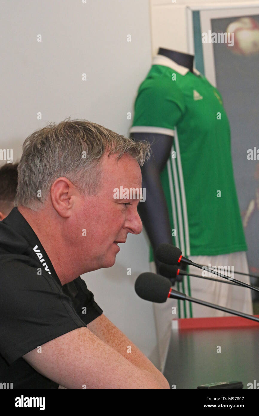 Nationale Fußball-Stadion im Windsor Park, Belfast, Nordirland. 23. März 2018. Nordirland Manager Michael O'Neill auf der Pressekonferenz im Vorfeld des morgigen Internationalen freundlich gegen die Republik Korea (Südkorea) in Belfast. Quelle: David Hunter/Alamy Leben Nachrichten. Stockfoto