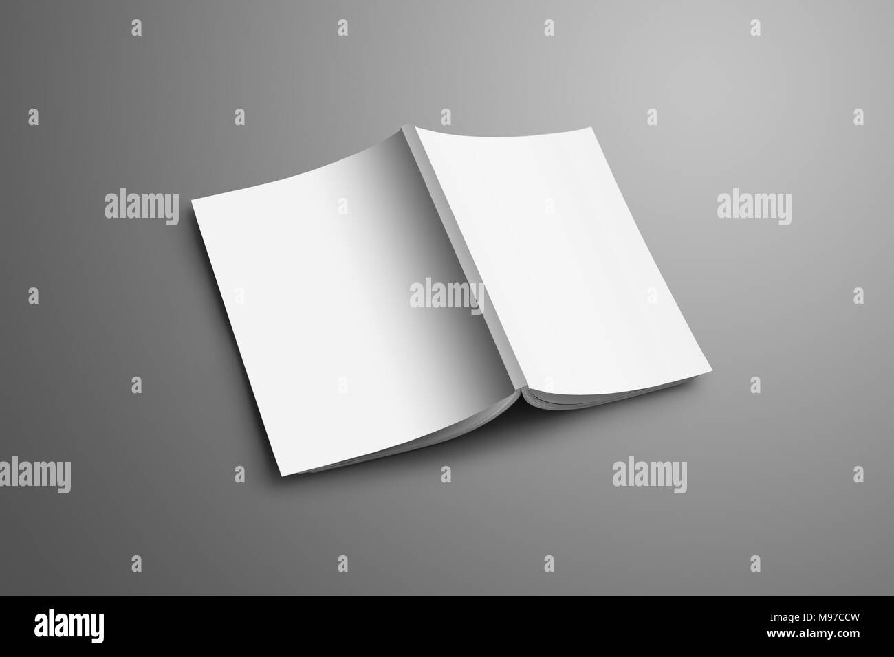 Universal leer geöffnet A4, (A5) Katalog mit weichen realistische Schatten isoliert auf Grau. Die Broschüre ist der Seiten in den Hintergrund und zeigt gedreht Stockfoto