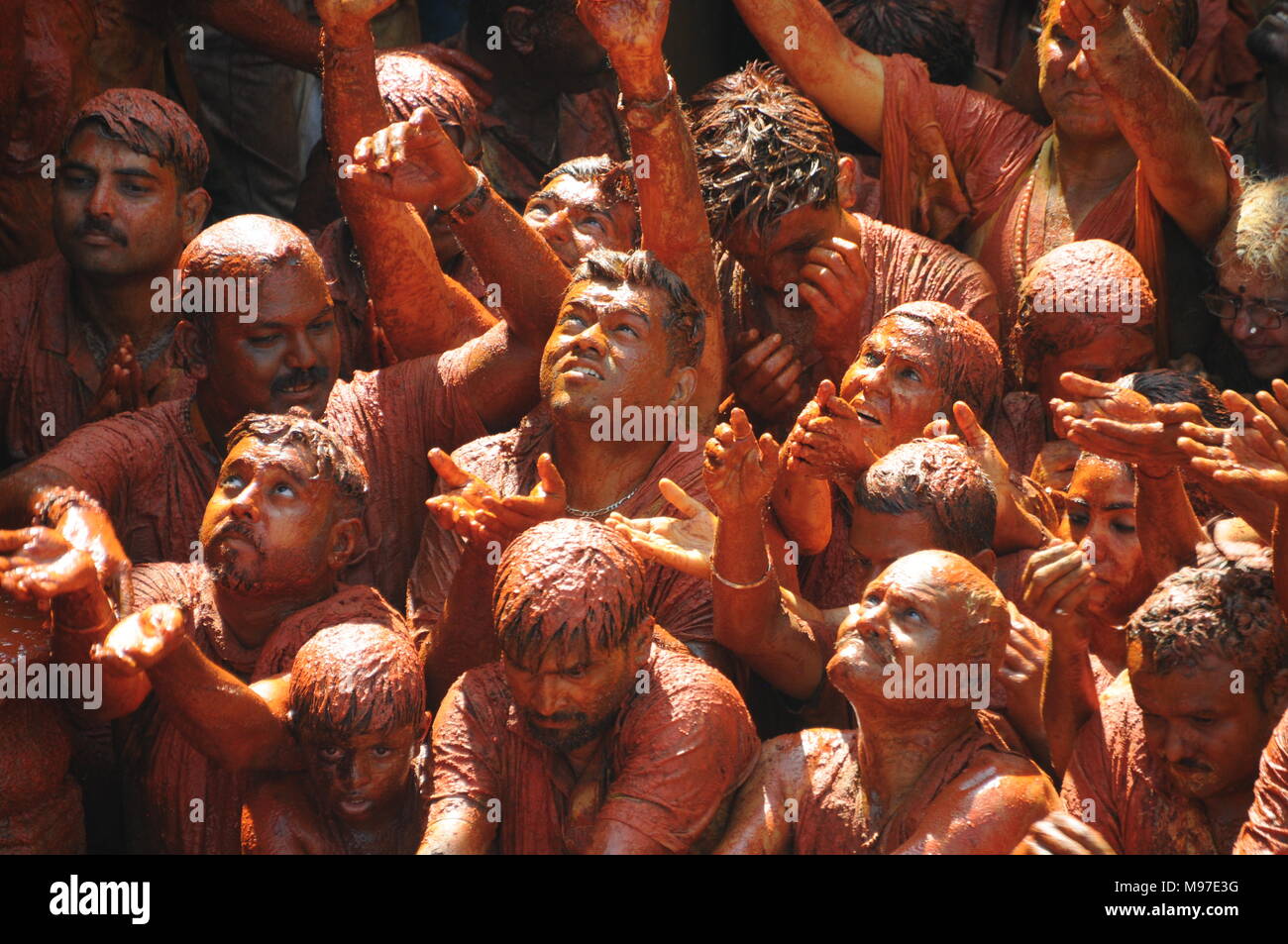 Mahamastakabhisheka Festival - die Salbung des Bahubali Gommateshwara Statue bei Shravanabelagola in Karnataka, Indien. Es ist eine wichtige Stockfoto