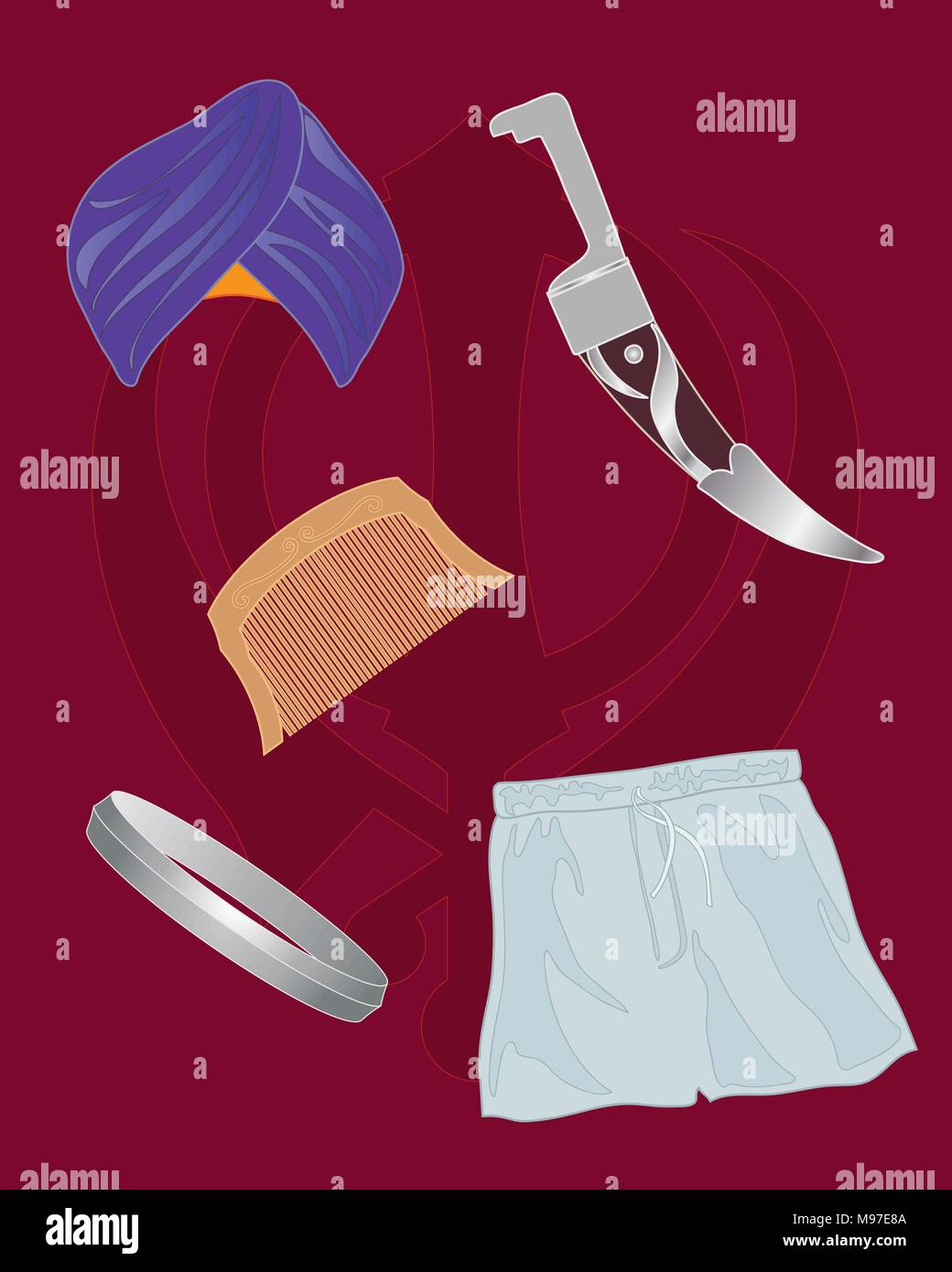 Eine Darstellung der Symbole der fünf ks des Sikhismus kesh kirpan